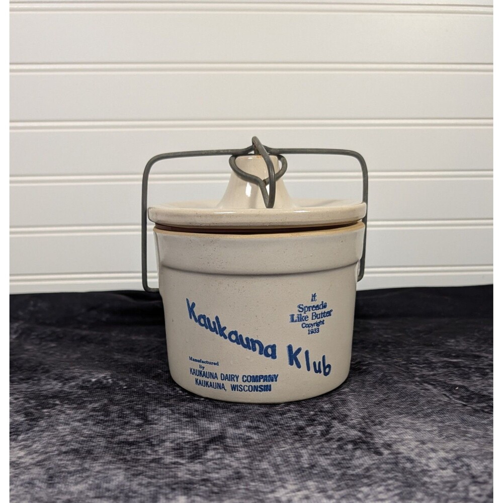 VTG Kaukauna Klub Milk Cheese Ceramic Crock w/Lid Storage Container 4" Tall